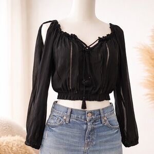 Abercrombie & Fitch black peasant crop top boho tie front long sleeve XS